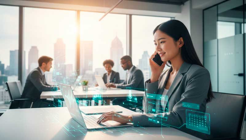 Invisible AI assistant interface optimising workflow in a modern office setting.